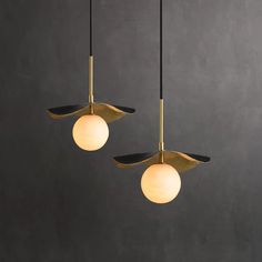 two pendant lights hanging from the ceiling in a room with dark walls and flooring