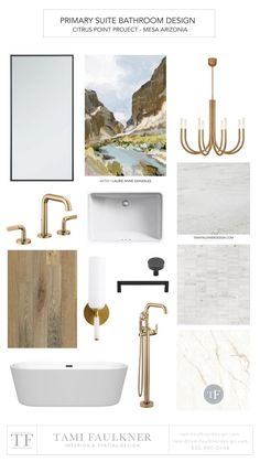 a bathroom design board with white and gold fixtures, including a tub, sink, mirror,