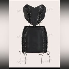 Brand- Shein Type- Shein Icon Lace Up Pu Leather Tube Top & Bodycon Skirt Color- Black Size- Xs Never Worn Leather Tights Outfit, Skirt With Tube Top, Leather Tube Top, Leather Tights, Shein Icon, Shein Outfits, Bodycon Skirt, Tights Outfit, Body Con Skirt