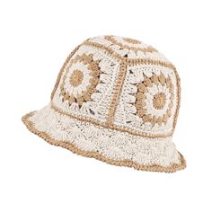 a white and brown hat with crochet on the brimmings is shown