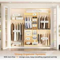 an open closet with clothes and other items on shelves, labeled strong organizer systems in each section