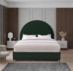 Milo Bed-Jennifer Furniture Round Headboard, Rounded Headboard, Headboard Shapes, Headboard Styles, Acrylic Legs, Upholstered Panel Bed, Green Bedding, Headboard Designs, Meridian Furniture