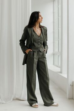 Khaki Green Linen 3-piece matching suit straight Jacket, Vest and Palazzo Pants.Summer formal pants suit.Women's suit with vest and blazer. MATERIAL: Natural linen with the addition of cotton: 90% linen, 10% cotton. COLOURS: Kelly Green, Beige, Black, Lemon, Hot Pink, White WE OFFER TO UNPACK SUIT IN DIFFERENT SIZES Blaze and Pants (see the Variations) SIZES-LENGTH: XS size: Blazer-65cm, Sleeves-60cm, Pants-108cm S size: Blazer-67cm, Sleeves-61cm, Pants-109cm M size: Blazer-69cm, Sleeves-62cm, P Women's Vests And Pants, Professional Dress Code Women, Womens Tuxedo Outfit Wedding Plus Size, Oversized Suit Women Outfit, Vest Outfits For Women Wedding, Women Suit With Tie, Best Woman In Wedding Outfit Suit, Women’s Formal Suit, Wide Leg Suit Women