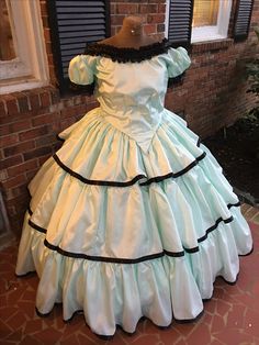 Mint Green Taffeta Flounced Ballgown. Waist of 36 inches. http://www.cumberlandriversutlery.com/mint-green-flouncedtiered-civil-war-ballgown36.html 1860 Ball Gown, 1860s Gown, 1870s Ballgown, 1864 Ball Gown, 1860’s Day Dress, Mint Green, Mint