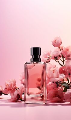 a bottle of perfume sitting next to pink flowers