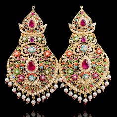 Yarrah Earrings - á La Couture Temple Jewelry Chandelier Earrings With Pearl Drop, Temple Jewelry Stone Work Dangle Earrings, Celebration Pearl Earrings With Stone Work, Jeweled Chandbali Chandelier Earrings For Celebration, Festive Jeweled Chandbali Pearl Earrings, Festive Jeweled Chandbali Chandelier Earrings, Ornate Kundan Earrings With Stone Work, Celebration Jeweled Chandbali Chandelier Earrings, Multicolor Kundan Danglers With Intricate Design