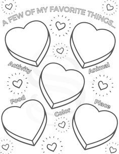 valentine's day coloring page with hearts and the words, a few of my favorite things