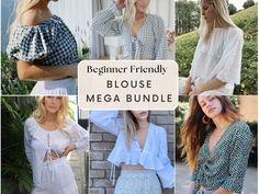 four pictures of women in different outfits with the text beginner friendly blouse mega bundle