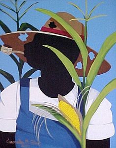 a painting of a person with a hat and corn on the cob in front of blue sky