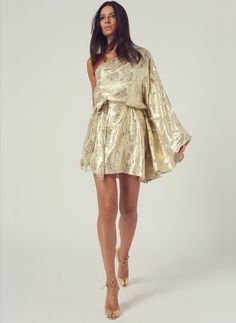 Look 13 One Sleeve Belted Mini Dress Gold Shimmer | Melissa Odabash US Gold Dress Short Classy, Gold Dress Outfit, Tan Outfits, Gold Wrap Dress, White Outfits For Women, Masters Graduation, Silver Outfits, New Years Eve Wedding, 70s Party