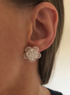 "Silver Flower Earrings Flor de Primavera - Filigree Earrings - Filigree Jewelry - Silver Stud Earrings - Flower Studs - Flower Stud Earrings Filigree - delicate jewellery technique made from silver or golden threads \"embroidering\" kind of metalwork lace that is specific to Spain, especially an Andalusian town Cordoba, where they call it a cordobese filigree. This craftsmanship has been passed from generation to generation, nonetheless nowadays there are very few craftsmen left who know to per Filigree Flower Earrings, White Filigree Drop Earrings, White Clip-on Flower Earrings For Gifts, White Earrings With Intricate Design For Anniversary, White Intricate Drop Earrings, White Intricate Design Earrings For Anniversary, White Flower-shaped Pierced Earrings, Anniversary Flower Single Earring, Elegant Filigree Flower Earrings