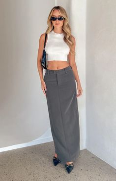 Banksi Grey Maxi Skirt – Beginning Boutique US Grey Skirt Long, Tailored Maxi Skirt, Maxi Grey Skirt Outfit, Grey Skirt Outfit Summer, Gray Maxi Skirt Outfit, Grey Long Skirt Outfit, Grey Pencil Skirt Outfit, Long Grey Skirt Outfit, Striped Maxi Skirt Outfit