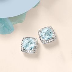 Ross-Simons - 2.60ct t. w. Aquamarine, .20ct t. w. Diamond Earrings in 14kt White Gold. The dreamy allure of 2.60 ct. t. w. of aquamarines beckons in these shimmering stud earrings, outlined in .20 ct. t. w. of diamond rounds. Post/clutch, 14kt white gold earrings. Aquamarine birthstones are the perfect gift for March birthdays. Formal Round Cut Gemstone Diamond Earrings, White Gold Diamond Earrings In Platinum, Platinum Diamond Earrings In White Gold, Dazzling White Gold Diamond Earrings With Gemstone, Dazzling White Gold Diamond Gemstone Earrings, White Gold Diamond Earrings With Gemstones In Platinum, Cushion Cut Gemstone Earrings Fine Jewelry, Fine Jewelry Cushion Cut Gemstone Earrings, Cushion Cut Gemstone Earrings For Fine Jewelry