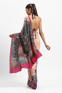 Multicolour saree with printed floral motifs, embellished by sequins and beads. Comes with running blouse piece. - Aza Fashions Multicolour Saree, Floral Print Saree, Satya Paul, Floral Print Sarees, Print Saree, Fabric Beads, Printed Sarees, Blouse Pattern, Floral Motifs