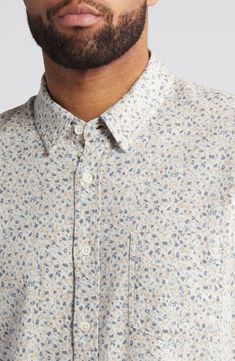 Made from a breezy linen blend, this short-sleeve button-up features a handy chest pocket and an allover abstract pattern. 29" length; 42" chest (size Medium) Front button closure Point collar Short sleeves Chest patch pocket Curved hem 55% linen, 45% rayon Machine wash, line dry Imported Spring Patterned Short Sleeve Cotton Shirt, Patterned Short Sleeve Shirt For Spring, Casual Patterned Shirt With Pockets, Patterned Linen Short Sleeve Top, Summer Button-up Short Sleeve Shirt With Patch Pockets, Patterned Linen Tops With Short Sleeves, Casual Short Sleeve Shirt With Floral Print For Spring, Patterned Relaxed Fit Short Sleeve Button-up Shirt, Spring Short Sleeve Shirt With Patch Pockets