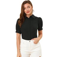 A basic button-down shirt features short puff sleeves bringing a touch of femininity and detail to any of the work-wear and making them look elegant. This puff-sleeve shirt is made of lightweight soft cotton fabric, drapes beautifully, and ensures you stay comfy all day. Pair this work office shirt with shorts, work pants, or casual jeans. Business Professional Outfits, Puff Sleeve Shirt, The Office Shirts, Black Denim Jacket, Collars For Women, Professional Outfits, Work Office, Stylish Shirts, Shop Blouses