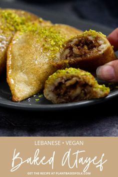 someone is holding up some food on a plate with the words baked atayas in front of them