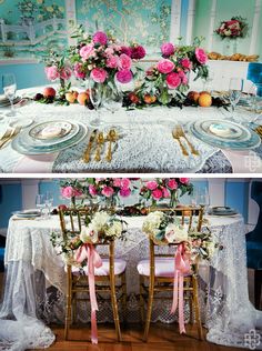 the table is decorated with pink flowers and gold chargers for an elegant touch to the tables