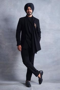 Shop for Gargee Designers Black Poly Viscose Draped Bandhgala Set for Men Online at Aza Fashions Achkan For Men, Bandhgala For Men, Sangeet Outfit, Drape Pants, Black Attire, Kurta Style, Rohit Bal, Black Pants Men, Black Drapes