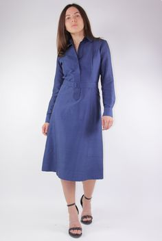 "SIZE: fits EU 36, UK 10, USA 6, general size S MATERIAL: 100% silk COLOR: night sky blue FEATURES: this silk dress is tailored of a soft yet thick low sheen silk fabric with rough finish on outside, but satin soft and shiny inside which is strong, durable and wrinkle resisting. The dress is slightly tailored at waist with soft A-line skirt and is intended to hit just bellow knee length. It has a belt with same material covered buckle around waist to accentuate a feminine figure. Feels close to Elegant Fitted Silk Daywear Dress, Elegant Fitted Silk Dress For Daywear, Blue V-neck Silk Dress For Formal Occasions, Chic Blue A-line Shirt Dress, Solid Silk Midi Dress For Formal Occasions, Elegant Silk Dress For Work In Fall, Formal Long Sleeve Silk Dress For Summer, Classic Blue Dress For Evening, Classic Silk Office Dress