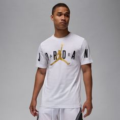 You can ball on and off the court in the Jordan Air Stretch Men's Crew Tee. You'll represent your favorite player of all time, as this shirt clearly displays the "Jumpman" and his name across the center. And the fit will complement your shape while still giving you plenty of room to make every free throw you try. Features: Features Jumpman front and center. Says "Jordan" prominently across the front. Short-sleeved. Details: Machine washable. Material: 100% Cotton. Adidas Tee, Back To School Backpacks, Polo Sport Ralph Lauren, Black And White Sneakers, Adidas Adilette, Jordan Air, Free Throw, Zip Hoodies, Nike Shox