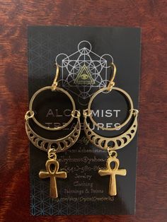 Ankh Moon Phase Earrings Hypoallergenic 18k gold plated sterling silver. Handmade with love and intention. FOLLOW: Insta: @alchemistreasure ✨P R O D U C T I O N - T I M E ✨ Each pair of my lovingly handcrafted earrings is naturally one of a kind and hand made to order. Please allow 2-4 business days for production. If you have a specific deadline, please let me know and I will do my best to accommodate you! ✨N A T U R A L - V A R I A T I O N ✨ Please note, these stones are real, raw, and 100% na Gold Celestial Cartilage Earrings As Gift, Symbolic Gold Plug Earrings As Gifts, Spiritual Crescent Earrings For Gift, Tarnish Resistant Brass Plug Earrings As Gift, 14k Gold Filled Crescent Earrings As Gift, Symbolic Gold Plug Earrings For Gift, Spiritual Crescent Earrings As Gift, Gold Crescent Cartilage Earrings Nickel Free, Symbolic Moon Charm Earrings For Gift