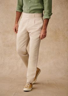 Terence Straight Pants - Light Beige - Linen - Octobre Éditions Casual Bottoms With Welt Pockets For Tailoring, Elegant Cotton Bottoms With Pleated Waist, Fitted Linen Tapered Leg Chinos, Relaxed Fit Linen Dress Pants With Tapered Leg, Formal Relaxed Fit Tapered Leg Chinos, Formal Relaxed Fit Chinos With Tapered Leg, Fitted Linen Chinos Straight Pants, Classic Tapered Bottoms For Spring, Spring Tapered Pants With Belt Loops