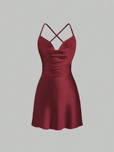 Women Spaghetti Strap Backless Criss-Cross Back Satin Lapel Fitted Elegant Dress Burgundy Sexy  Sleeveless Satin Plain Cami Non-Stretch  Women Clothing, size features are:Bust: ,Length: ,Sleeve Length: Fancy Dresses Short Night Red, Burgundy Dress Short Satin, Deep Red Satin Dress Short, Satin Dress With Pockets, Red Dress With No Back, Red Dress Prom Short Classy, Red Fancy Dresses Short, Burgundy Dress Accessories Homecoming, V Cut Red Dress