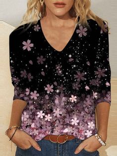 Womens Pink Floral Print Black T-Shirts Light Weight V-Neck Long Sleeve Tops S-5XL Black V-neck Top For Spring, Casual Black V-neck Top For Fall, Black V-neck T-shirt For Spring, Casual Black T-shirt With Floral Print, Black T-shirt With Floral Print For Fall, Elegant V-neck Shirt With Floral Print, Black Printed V-neck Top, Elegant V-neck Floral Print Shirt, Black Floral Print Casual T-shirt