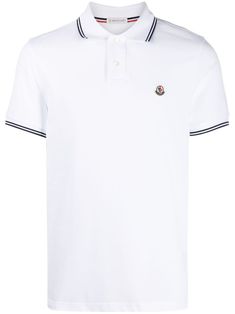 White cotton piqué tricolour-trim piqué polo shirt from MONCLER featuring polo collar, logo patch to the front, front button placket, short sleeves, side slits, straight hem and tricolour trim. Polo Shirt White, Pique Polo Shirt, Polo Collar, Polo Shirts, Button Placket, Shirt White, Tri Color, Fashion Clothes, New Outfits