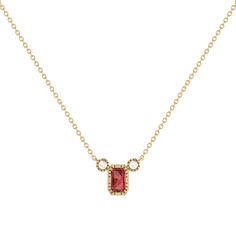 Enhance your wardrobe with timeless elegance courtesy of our Emerald Cut Garnet Birthstone Necklace. Perfect for January birthdays, garnet symbolizes enduring bonds of friendship and trust. Crafted meticulously in 14K Yellow Gold, this necklace features a striking 5 by 3 mm emerald-cut garnet gemstone, accented by 0. 04 carats of natural diamonds in a refined bezel setting. Its 18" diamond-cut chain, complete with jump rings at 16" and 17", allows for customizable length for effortless layering. Garnet Birthstone, Yellow Gems, Diamond Birthstone, Garnet Gemstone, Diamond Fashion, Birthstone Necklace, Watch Necklace, Jump Rings, Diamond Cut