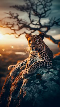 a leopard sitting on top of a rock next to a tree in the evening sun