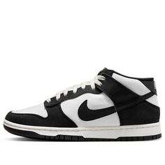 The Nike Dunk Mid 'Panda' is a classic silhouette with a sail, black and sail black colourway. This product features a canvas base, leather swooshes and heel, mesh tongue and lining. The spotted midsole on the solid rubber outsole completes the design. This sneaker is perfect for casual everyday use, as well as for more active activities. The inspiration behind the design comes from the iconic panda, and is part of the Nike Dunk series. The Nike Dunk Mid 'Panda' is a stylish and timeless sneaker for adults. Black Mesh High-top Sneakers With Contrast Sole, Nike Canvas High-top Streetwear Sneakers, Nike Canvas High-top Sneakers For Streetwear, Black Mesh High-top Sneakers With Rubber Sole, Black Canvas Sneakers With Contrast Sole, Canvas High-top Sneakers With Contrast Sole For Skateboarding, Black Canvas Sneakers With Boost Midsole, Black Textile Sneakers With Vulcanized Sole, Black Mid-top Mesh Sneakers