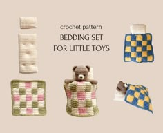 crochet pattern bedding set for little toys with teddy bear and checkered blanket