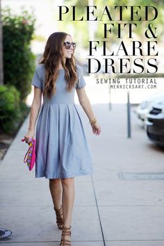 a woman walking down the sidewalk with her hand in her pocket and text overlay that reads, pleated fit & flare dress sewing pattern