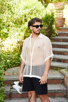 Product Details; -Transparent Crochet Shirt, -This Oversize Crochet Shirt is perfect for hot summer days. Available sizes  S-M-L .Model is wearing S size. -Free Shipping to Worldwide ✈️ -İt is completely hand knitted  -İt is knitted high quality cotton yarn 🧶 -Some of our products are ready to ship and ship within 1-2 days. Some are made to order and will be ready to ship in 1-2 weeks at the latest. -You can customize pattern,color and size of our  all products as you wish. Please contact us vi Summer Crochet Men, Bohemian Half Sleeve Summer Tops, Half Sleeve Tops For Summer Vacation, White Half Sleeve Shirt For Summer, White Half Sleeve Summer Shirt, Summer Beach Tops With Half Sleeves, Summer Beach Top With Half Sleeves, Half Sleeve Beach Top For Summer, White Half Sleeve Top For Summer