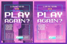 an advertisement for a video game with the words play again against it in purple and blue colors