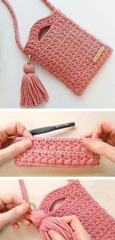 the crocheted purse is being worked on by someone using yarn to make it