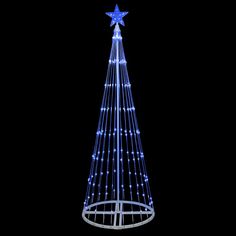 a lighted christmas tree with blue lights on it's sides and a star at the top