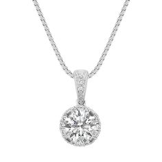 Nineteen sparkling round diamonds  at approximately .11 carat total weight  serve as the perfect backdrop to the center stone of your choice at approximately .50 carat in this dazzling 14 karat white gold pendant.  The design hangs from an 18-inch matching box chain. Please contact a customer service representative for additional information or questions regarding your center stone selection. Platinum Jewelry With Halo Setting Round Pendant, Platinum Halo Setting Round Pendant Jewelry, Platinum Round Pendant With Halo Setting, Silver Necklace With Round Halo Pendant, White Gold Halo Round Pendant Necklace, Round Diamond Pendant, Customer Service Representative, Peach Sapphire, Blue Green Sapphires