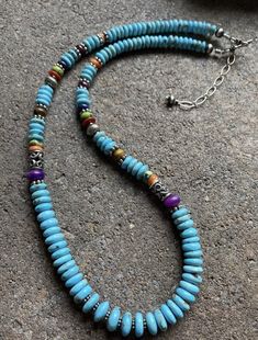 Sterling Silver Turquoise Multi Stone Bead Necklace. 18 inch Turquoise Round Necklace With Colorful Beads, Bohemian Single Strand Turquoise Necklace, Southwestern Turquoise Beaded Necklaces With Round Beads, Southwestern Turquoise Necklace With Gemstone Beads, Beaded Round Turquoise Necklace, Southwestern Turquoise Round Bead Necklaces, Southwestern Turquoise Beaded Necklace With Round Beads, Southwestern Turquoise Necklace With Colorful Beads, Southwestern Turquoise Beaded Necklaces