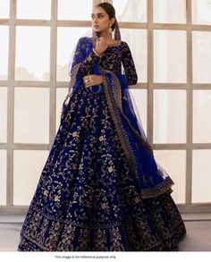 Bollywood Replica LehengaBollywood Model Velvet Embroidery wedding lehenga in blue color Lehenga Fabric :- VelvetLehenga Inner :- Micro SilkLehenga Work :- Multi Needle Work, coding Work, Embroidery Work, Zari Work, Less (Semi Stitched)Dupatta Fabric:- Heavy Butterfly Net With Fancy Border Less Work Blouse Fabric :- VelvetBlouse Work:- Sequence 3mm Work, Multi Needle Work, coding Work, Embroidery Work, Zari Work  (Blouse:-Unstitched)Shipping time is 5-7 days.Buy this Lehenga at Kollybollyethnics and make your occasion very special !!. With Express Free Shipping and Custom Stitching, Shop Bollywood Model Velvet Embroidery wedding lehenga in blue color online at kollybollyethnics from India with free worldwide shipping. Velvet Choli, Royal Blue Lehenga, Chaniya Choli Wedding, Velvet Lehenga, Indian Lehenga Choli, Lehenga Choli Wedding, Reception Lehenga, Blue Lehenga, Ghagra Choli