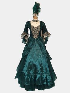 18th Century Green Organza Dress The 1700s ball gowns were some of the most beautiful dresses ever made. This replica 1750s French Court gown was designer made in the 1990s for film and theatre productions.  The dress is a deep green organza, with green and cream brocade accent fabric. The brocade is hand beaded and jewelled.  The dress has a center zipper down the back of the dress. The underskirt is cotton and has two adjustable drawstrings for hight, the bottom has green organza ruffles.  Thi Vintage Ruffled Ball Gown For Costume Party, Regency Victorian Dress For Debutante Ball, 18th Century Victorian Dress With Fitted Bodice, Victorian Style Fitted Costume Ball Gown, Victorian Fitted Ball Gown Costume, Victorian Style Fitted Ball Gown Costume, Elegant Victorian Floor-length Dress For Costume, Elegant Floor-length Victorian Costume Dress, Victorian Ball Gown With Attached Cancan For Costume Party