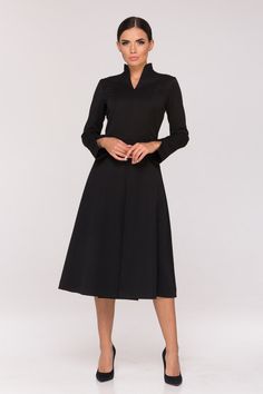 Cocktail Long Sleeve Black Women's Dress Fit and Flare - Etsy Elegant Stretch Long Sleeve Dress For Winter, Fall A-line Midi Dress With Pleated Sleeves, Fitted Long Sleeve Dress For Formal Winter Events, Fitted Long Sleeve Dress For Winter Formal, High Neck Long Sleeve Evening Dress For Fall, Fit And Flare A-line Midi Dress For Work, Fitted Long Sleeve Formal Dress, Formal Fitted Long Sleeve Dress, Fitted Long Sleeve Dress For Formal Occasions