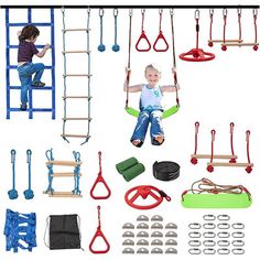 a child is sitting on a swing set with other toys and accessories around it,