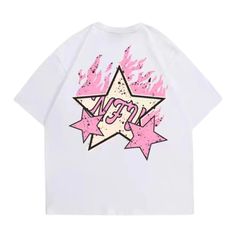 Add a pop of style to your wardrobe with this High Street Pink Star Flame T-Shirt. The t-shirt features a fun, vibrant design with a colorful flame pattern and a stylish star embellishment. Crafted from durable cotton for long-lasting comfort. Features: -100% Cotton -Crew Neckline -Dropped Shoulder -Flame -Star Graphic -Regular fit -High Street style Pink And White Graphic Tee, Y2k Summer T-shirt With Graphic Design, Y2k Graphic Design T-shirt For Summer, Trendy Star Print T-shirt For Streetwear, Multicolor Hip Hop Tops With Letter Print, Spring Y2k T-shirt With Graphic Design, Spring Y2k Graphic T-shirt, Spring Y2k Style Graphic T-shirt, Spring Y2k Graphic Design T-shirt