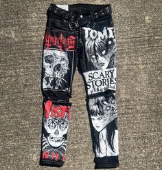 MESSAGE ME WHAT SIZE YOU WOULD LIKE These pants are decorated with hand sewn patches Takes about 2-3 weeks to make these Because each item is hand made, variation will occur. I DO CUSTOMS!  If you would like a customized design Message me! If you like horror, skulls, junji ito, or the misfits these are the pants for you  #junjiito #crustpants #citymorgue #patchpants #punkpants Graphic Print Cotton Bottoms For Alternative Fashion, Edgy Patchwork Cotton Bottoms, Edgy Patchwork Bottoms For Streetwear, Straight Leg Bottoms With Patches For Streetwear, Edgy Fitted Patchwork Bottoms, Fitted Straight Leg Bottoms With Patches, Festival Cotton Bottoms With Patches, Cotton Straight Leg Bottoms With Patches, Misfits Patch