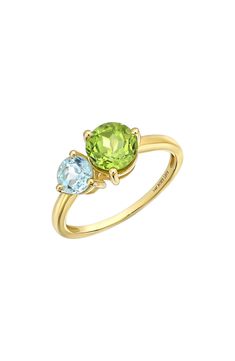 Two prong-set semiprecious stones bring vibrant sparkle to the center of this handcrafted 14-karat-gold ring and adds rich color to any stack. 1/2"W x 1/4"L setting Total stone weight: 1.43ct. 14k gold/blue topaz and peridot, blue topaz and citrine or blue topaz Imported 14k Yellow Gold Multi-stone Gemstones, Yellow Gold Multi-stone Round Cut Jewelry, Yellow Gold Topaz Ring With Gemstone Accents, Multi-stone Yellow Gold Birthstone Ring In 14k, Multi-stone 14k Yellow Gold Birthstone Ring, 14k Yellow Gold Topaz Ring With Gemstone Accents, Yellow Gold Multi-stone Birthstone Ring In 14k Gold, 14k Yellow Gold Multi-stone Birthstone Ring, Yellow Gold Multi-stone Ring For May Birthstone