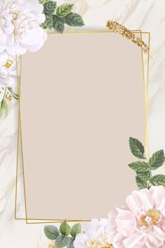 a square frame with flowers and leaves on a marble background in pastel pink tones