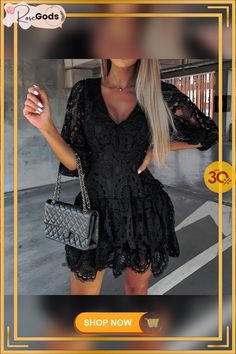 Female Autumn Solid Crochet Slim Draped Dress Sexy Deep V Neck Half Sleeve Mini Dress Elegant Embroidery Lace Hollow Party Dress Mini Dress Elegant, Elegant Embroidery, Singapore Malaysia, Puff Sleeve Dresses, Draped Dress, Embroidery Lace, Dress Elegant, Mini Dress With Sleeves, Above Knee